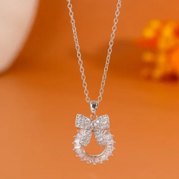 Silver Bow Crystal Pendant Necklace - Picture 3 of 5